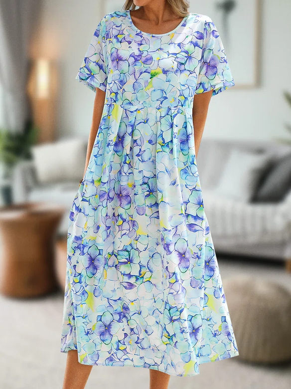 Floral Short Sleeve Woven Casual Loosen Crew Neck Midi Dress