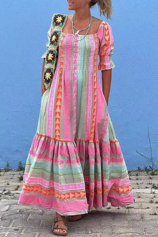 Boho Geometric Print Contrast Square Neck A-Line Dresses