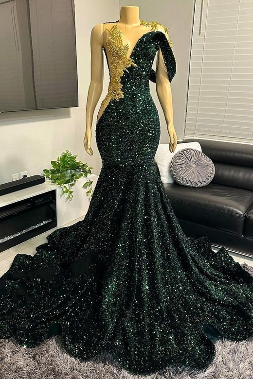 Elegant One Shoulder Dark Green Sequin Floor Length Prom Party Dress