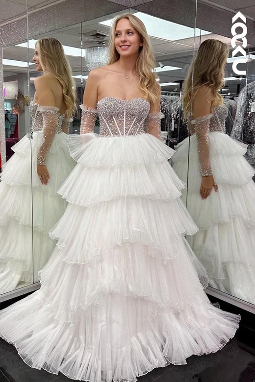 Off-Shoulder Beaded Ruffles Long Formal Prom Dress