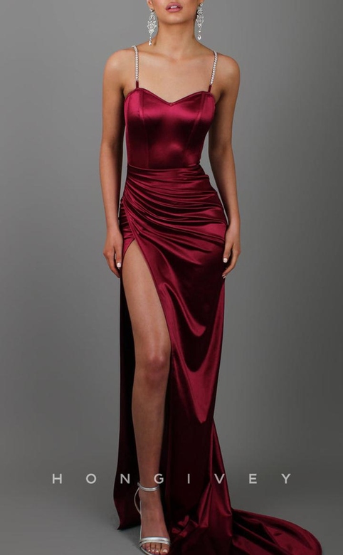 Sexy Fitted Satin Sweetheart Spaghetti Straps Pleats Side Slit Party Gown