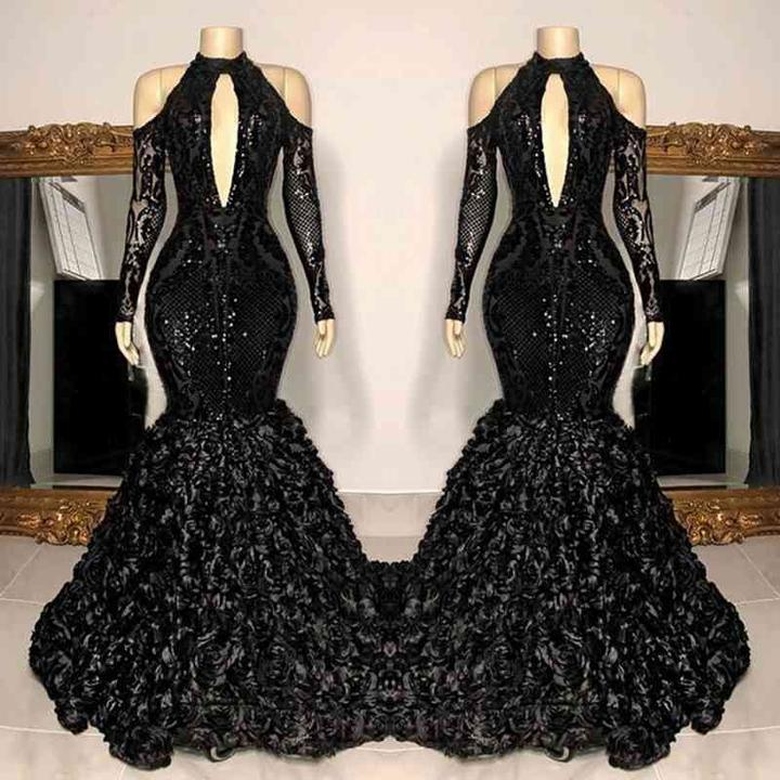 Newinlook High Neck Black Long Sleeve Mermaid Prom Dress with Flowers