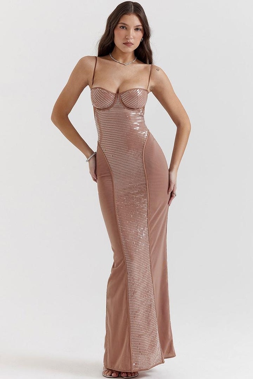 Nude Sparkly Sequin Sweetheart Cutout Sleeveless Evening Maxi