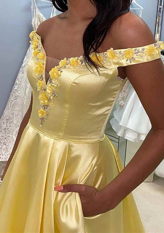 A-Line Off-the-Shoulder Satin Beading Flowers Prom Dress