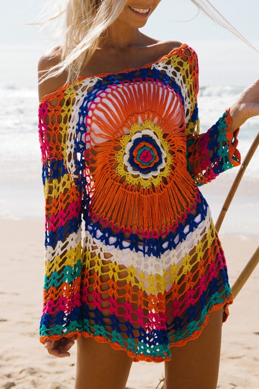 Colorful Knitted Cover Up Beach Dress for Vacation