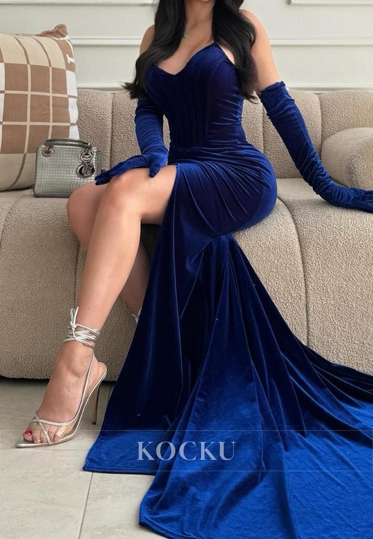 Elegant & Simple V-Neck Sheath Split Velvet Party Prom Evening Dress