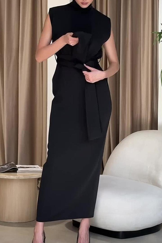 Elegant Slit Belted Half Turtleneck One-Step Dresses