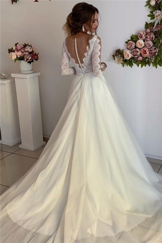 Long Sleeves Lace Pearls Wedding Dress