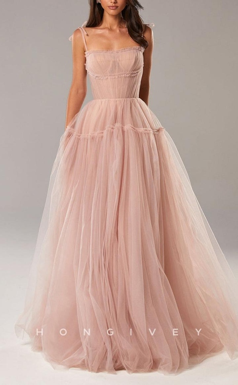 Sexy A-Line Tulle Illusion Bowknot Square Straps Empire Party Gown