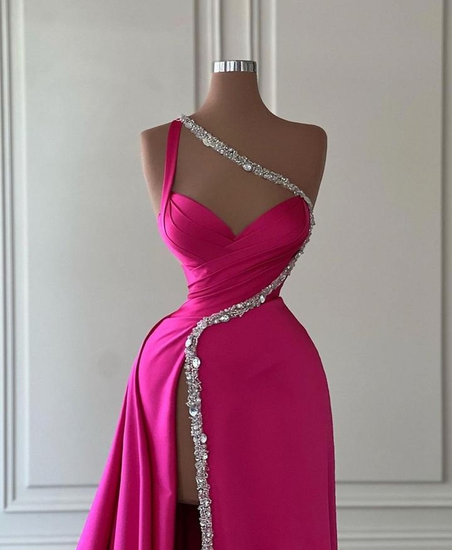 Elegant Fuchsia One Shoulder Jeweled Sleeveless Slit Prom Dresses