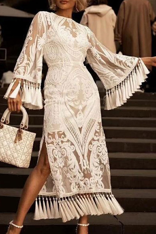 Embroidered Lined See-Thru Tassel Dress for Intricate Elegance