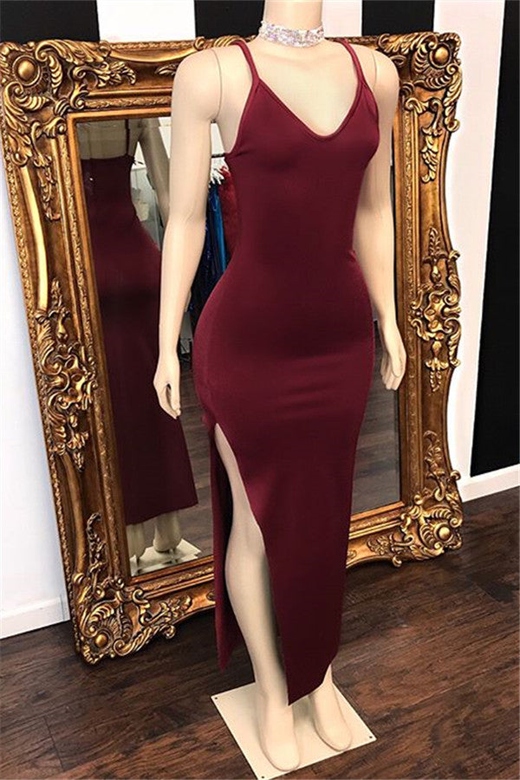 Burgundy Spaghetti-Straps Side Slit Mermaid Prom Dress