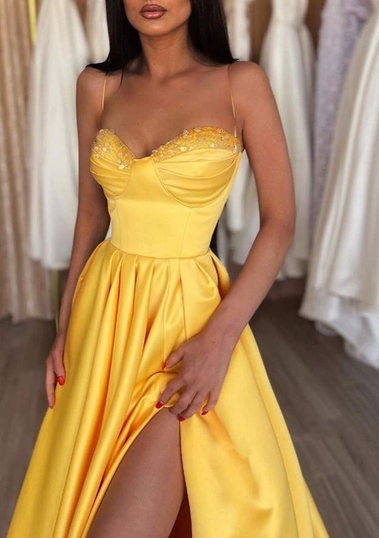 Sweetheart A-Line Satin Beading Pleated Split Prom Dress