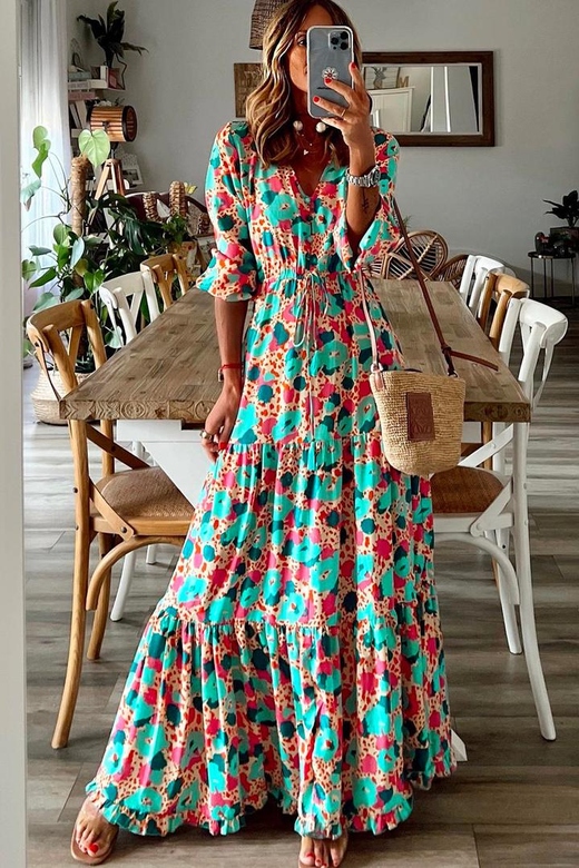 Multicolor Print V-Neck Ruffle Long Sleeve Maxi Dress