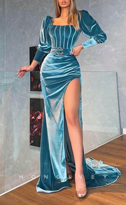 Sexy Satin Fitted Square Long Sleeve Empire Ruched Side Slit Train Gown