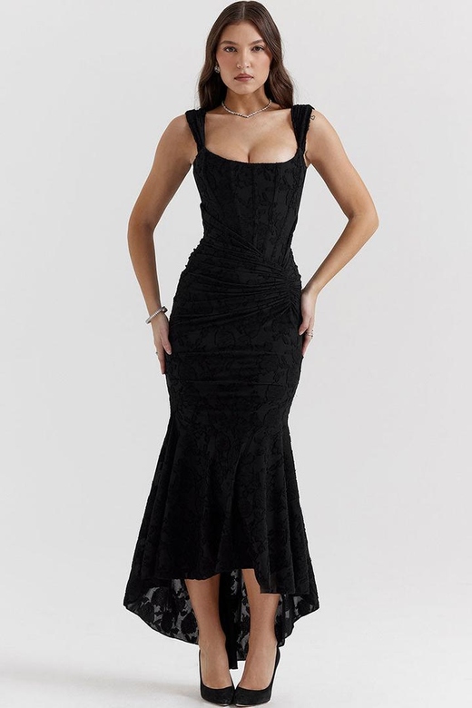 Luxury Black Textured Floral Ruched Corset Fishtail Evening Dress