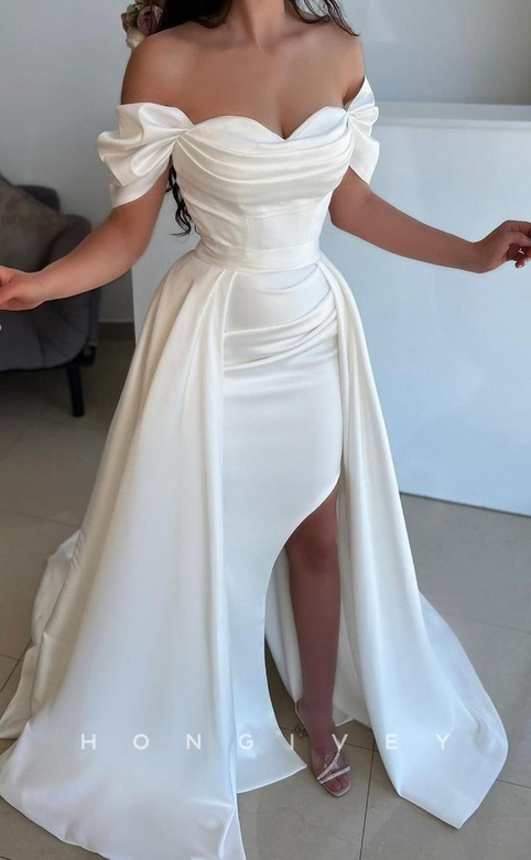 Sexy Satin Off-Shoulder Empire Ruched Detachable Overskirt Party Prom Gown