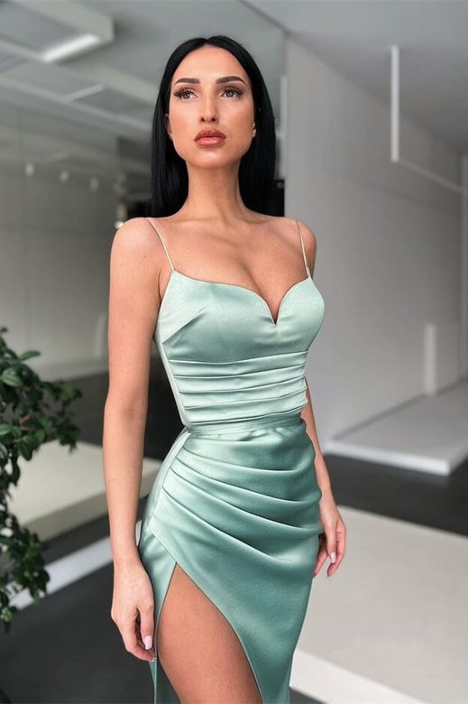 Dusty Sage Spaghetti-Straps Long Mermaid Prom Dress with Split