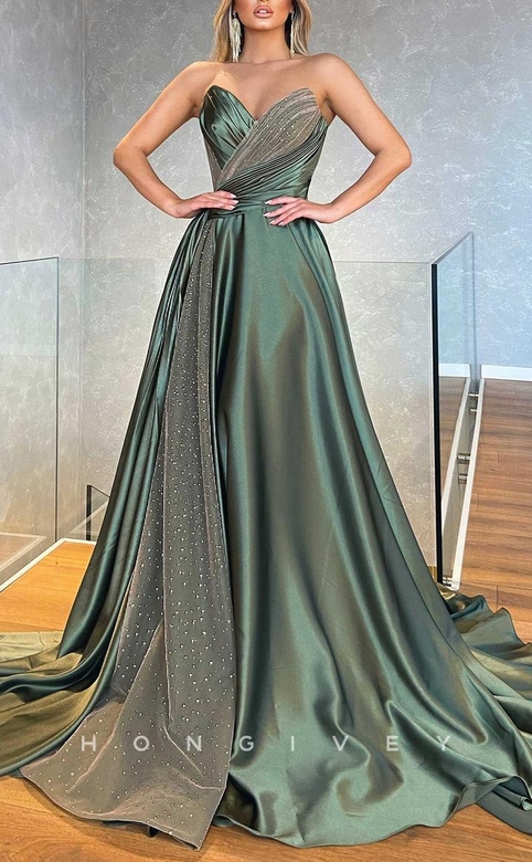 Chic Satin A-Line V-Neck Sleeveless Empire Beaded Ruched Train Prom Gown