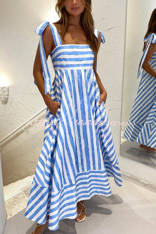 Treasured Times Stripe Print Tie-Shoulder Pocketed A-line Maxi