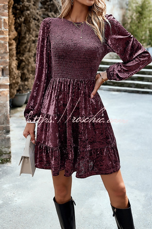 Elegant Velvet Round Neck Long Sleeve Mini