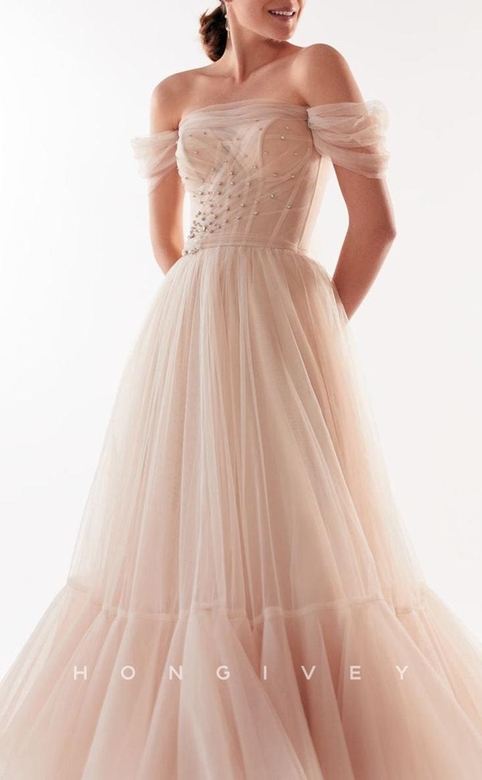 Sexy Tulle Illusion A-Line Off-Shoulder Beaded Empire Party Prom Gown