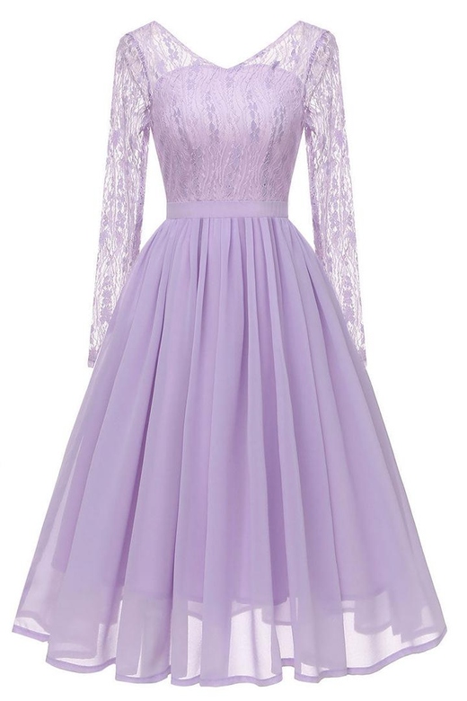 Lavender V-Neck Lace A-Line Prom Dress with Long Sleeves