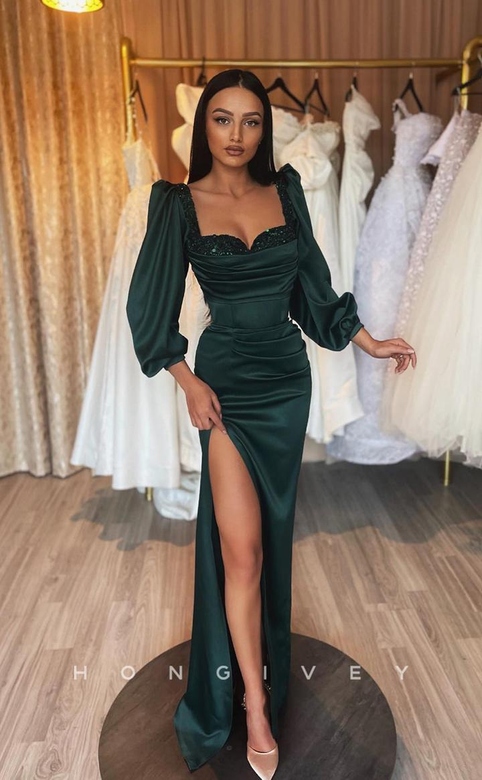 Sequined Embellished Long Sleeves With Train And Slit Evening Party Formal Gown