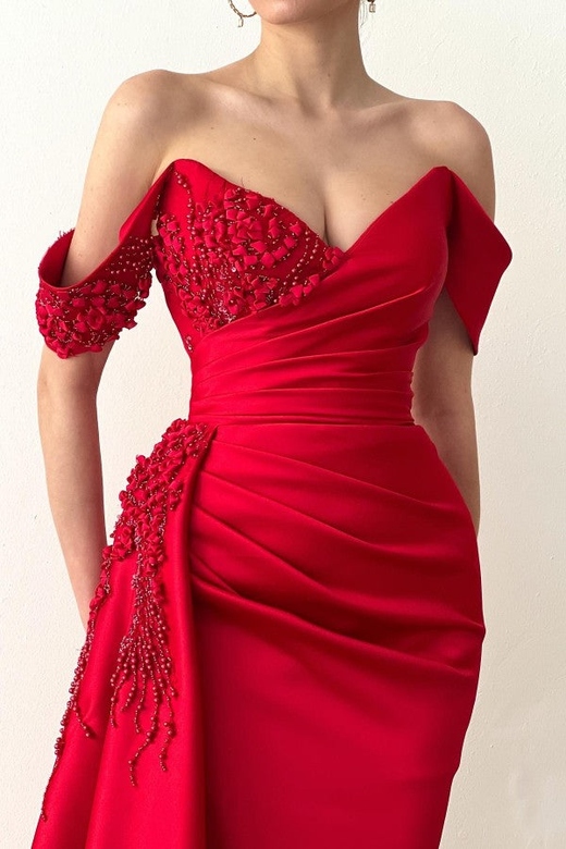 Red Off-the-Shoulder Ruffled Mermaid Prom Dress for Events