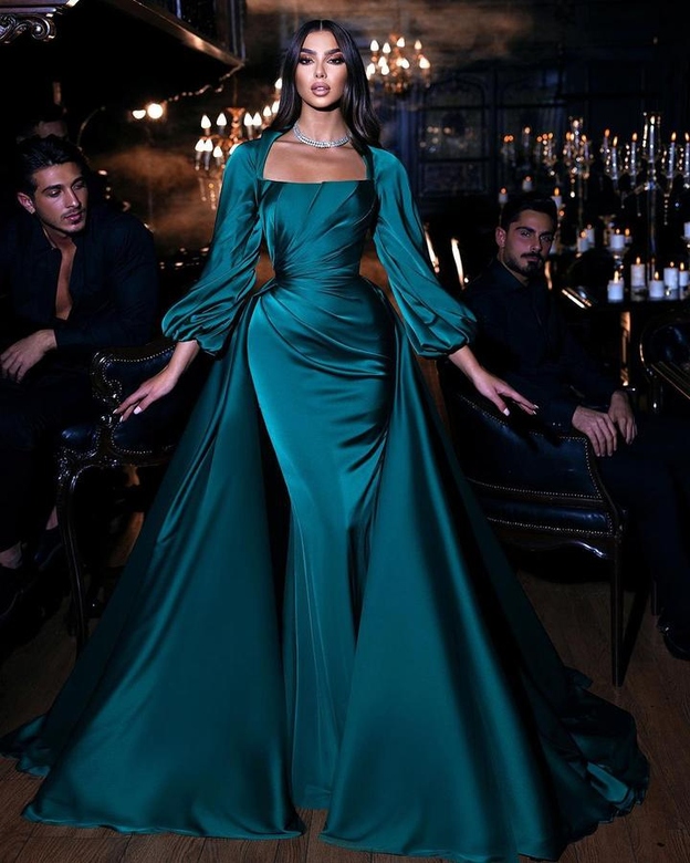 Dark Green Long Sleeves Floor-Length Mermaid Prom Gown With Detachable Train