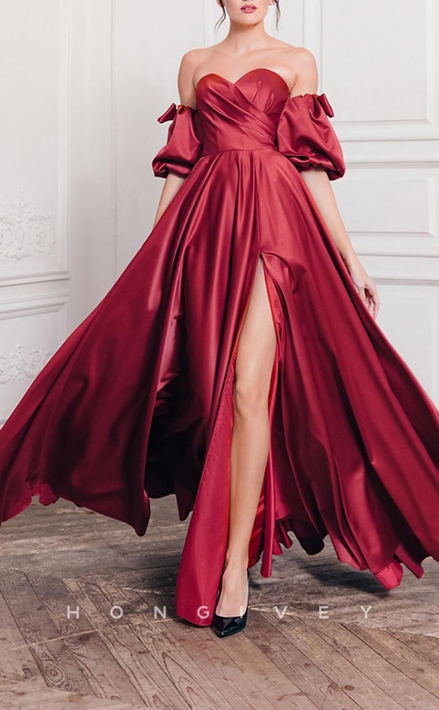 Sexy Satin A-Line Sweetheart Strapless Puff Sleeves Gown Ruched Gown