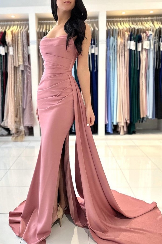 Dusty Pink Strapless Pleated Split Mermaid Prom Dress