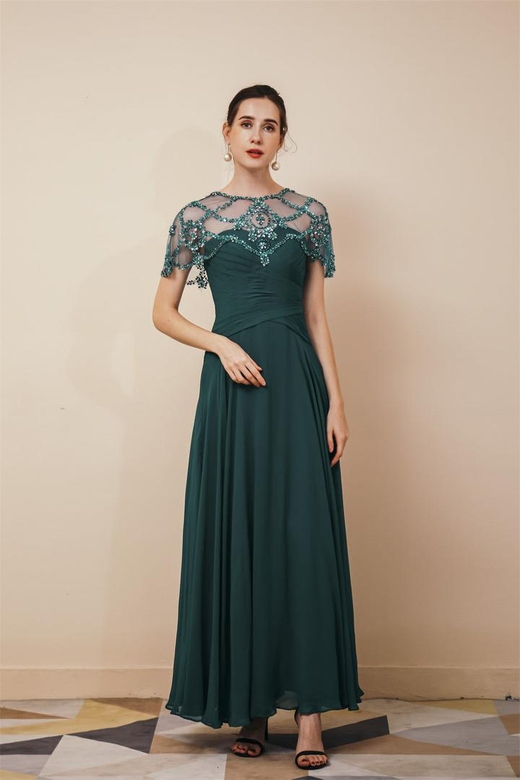 Dark Green Chiffon Sparkle Beaded Evening Dress with Cape