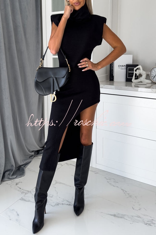 Fashion Trend High Neck Slit Irregular Midi Dress