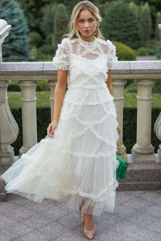 White Fairytale Mock Neck Sleeved Dotted Tulle Tiered Ruffle