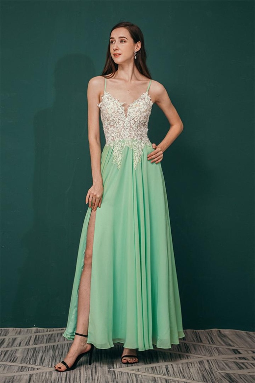 White Lace Spaghetti Straps High Split Mint Green Evening Dress