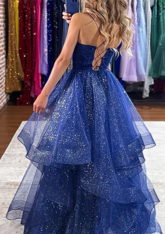 V-Neck Sleeveless Tulle Long Prom Dress with Ruffles and Glitter