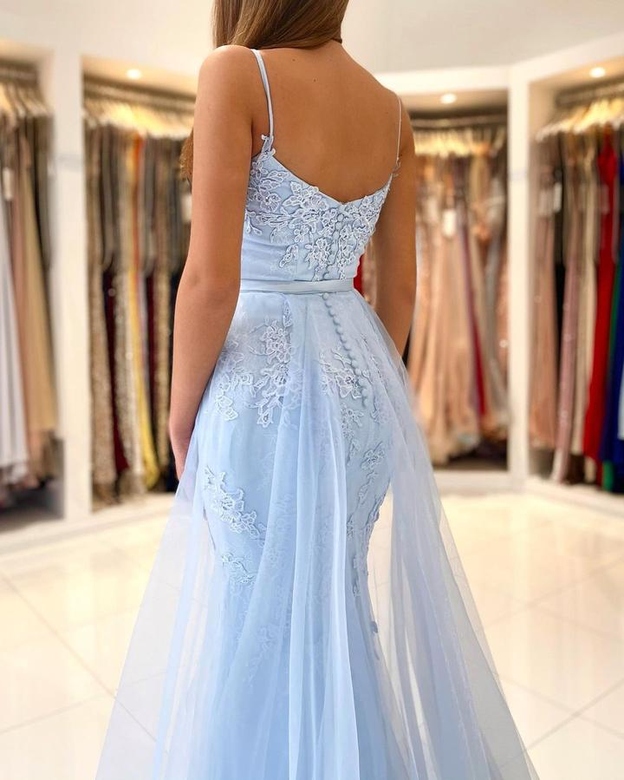 Sky Blue Spaghetti-Straps Lace Appliques Mermaid Prom Dress