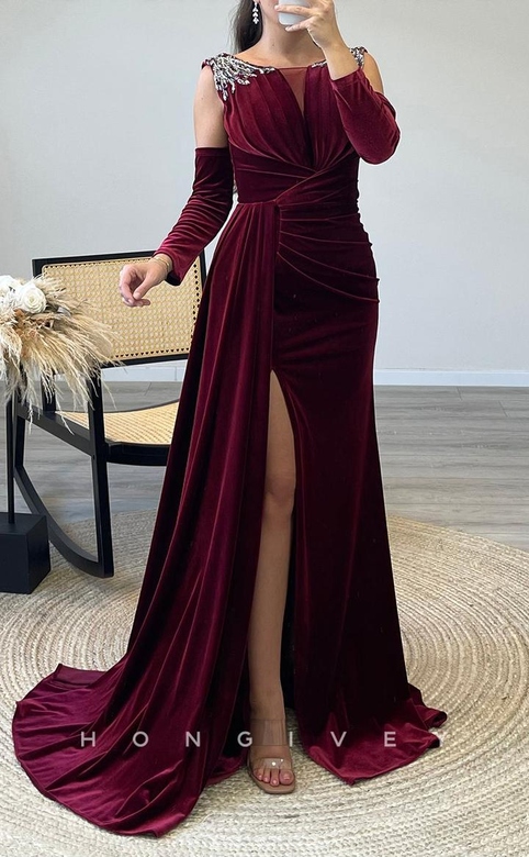 Stylish Satin Fitted Scoop Empire Beaded Pleats Side Slit Train Prom Gown