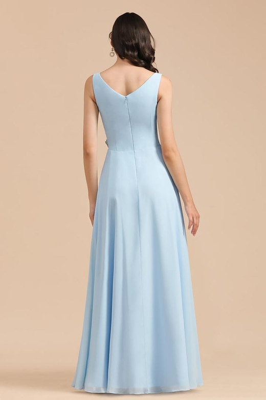 Sky Blue Chiffon Long Ruched Bridesmaid Dresses