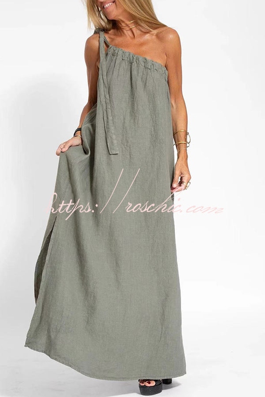 Rustic One Shoulder Lace Up Slit Maxi Dress in Linen