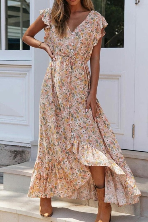 Deep V-Neck Floral Button Front Dress