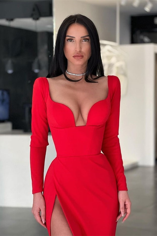 Red Long Sleeves V-Neck Mermaid Evening Dress with Slit on Sale