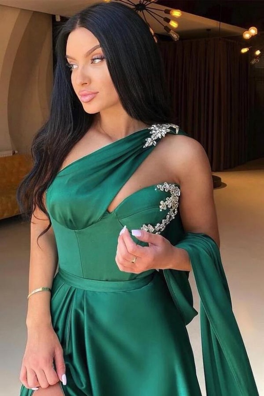 Dark Green One Shoulder Slit Long Mermaid Prom Dress