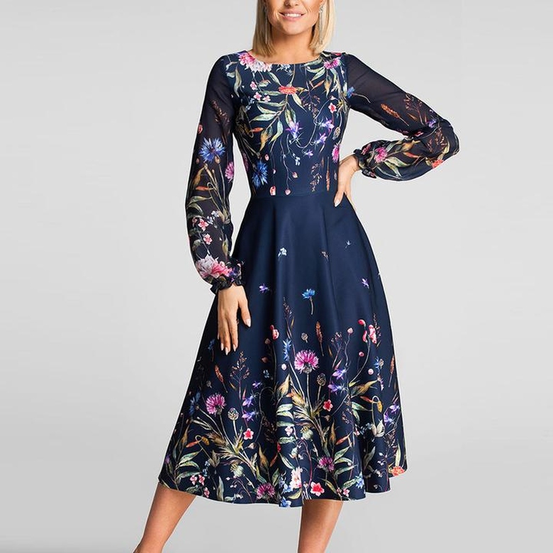 Vintage Print Crew Neck Long Sleeve Dress for Timeless Elegance