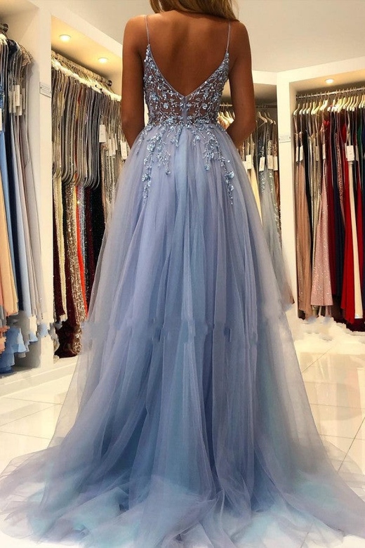 Blue Spaghetti-Straps Tulle Prom Dress with Slit and Beads