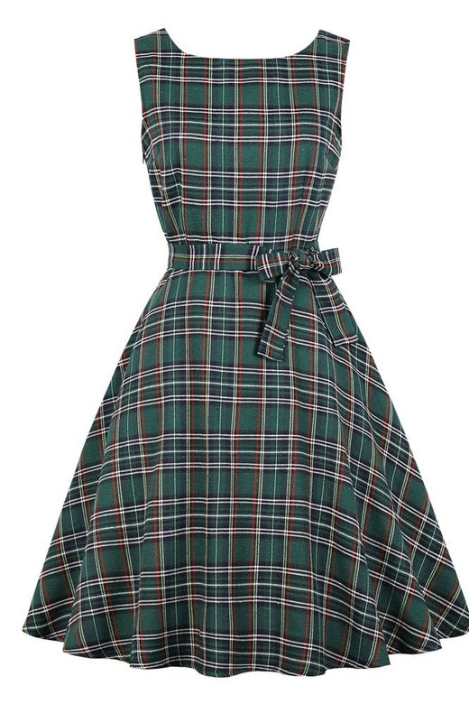 Green Plaid Sleeveless Vintage Dress for Retro Appeal