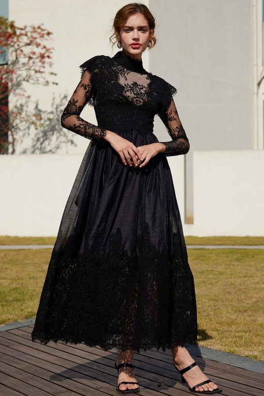 Black Vintage Mock Neck Sheer Lace Long Sleeve Evening