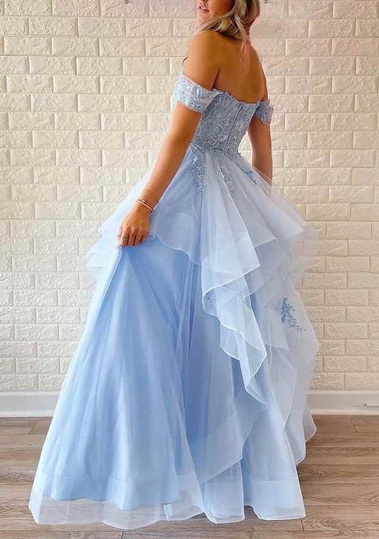 A-Line Off-the-Shoulder Tulle Appliqued Beading Ruffles Sequins Prom Dress