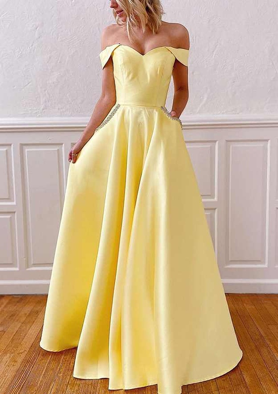 A-Line Off-the-Shoulder Strapless Long Satin Pockets Prom Dress